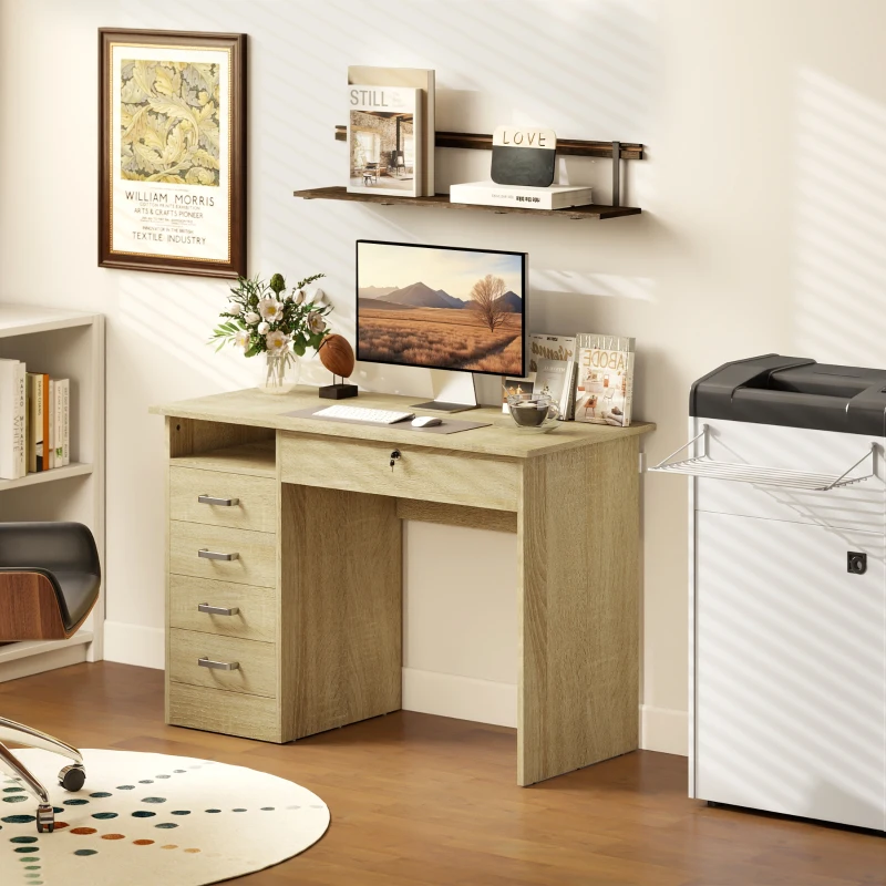 HOMCOM Bureau moderne avec 5 tiroirs, grand plateau, 1 compartiment ouvert, tiroir verrouillable, 110 x 50 x 76cm, chêne