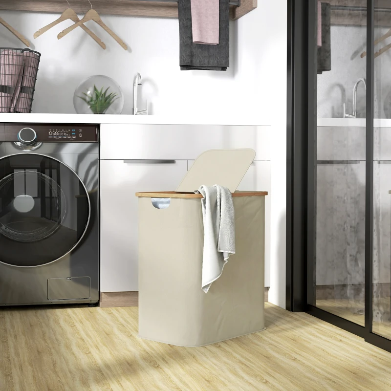 HOMCOM Panier à linge double pliable 80 L corbeille à linge sale avec couvercle, poignées rainurées, beige