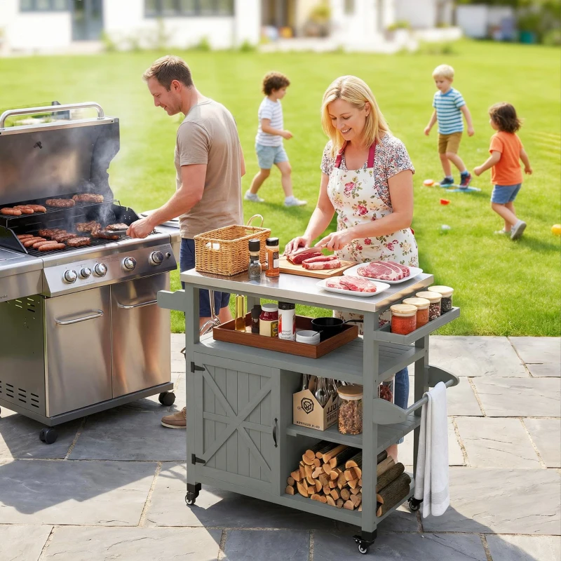 Outsunny Carrinho de jardim carrinho de churrasco com rodízios com tampo em aço inoxidável 107x49,5x92,5cm cinza