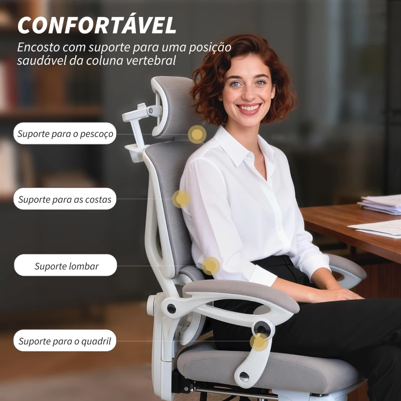 HOMCOM Cadeira de Escritório de Malha Reclinável com Apoio de Cabeça, Suporte Lombar, Apoio para os Pés e Altura Regulável, Cinzento Claro