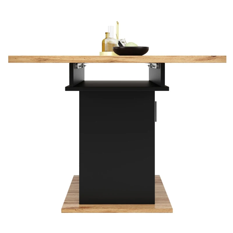 Mesa de comedor extensible con 3 niveles de almacenaje y puertas de vidrio, 110-140x80x76 cm, Negro