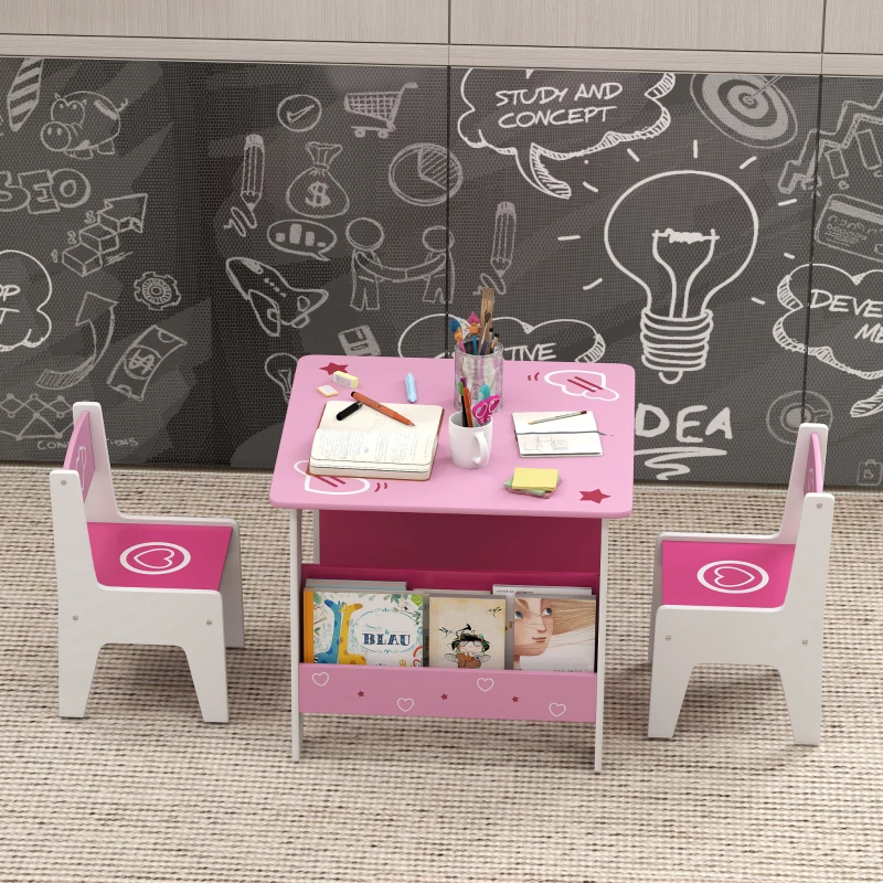 AIYAPLAY Set Tavolo con 2 Sedie per Bambini 3-8 Anni, Tavolino con Scaffale in Legno MDF con Disegni a Cuori, Rosa
