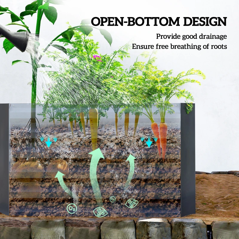 Outsunny Podwyższona grządka metalowa 180 x 90 x 57,5 cm z otwartym dnem i prętami wspierającymi, ciemnoszara