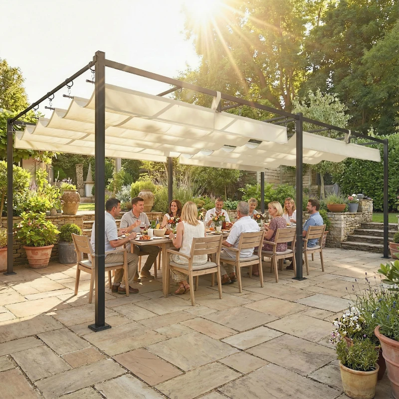 Outsunny Pérgola de Jardim 6x3 m com Telhado Retrátil Proteção UPF50+ Drenagem Pavilhão de Jardim para Terraço Exterior Creme