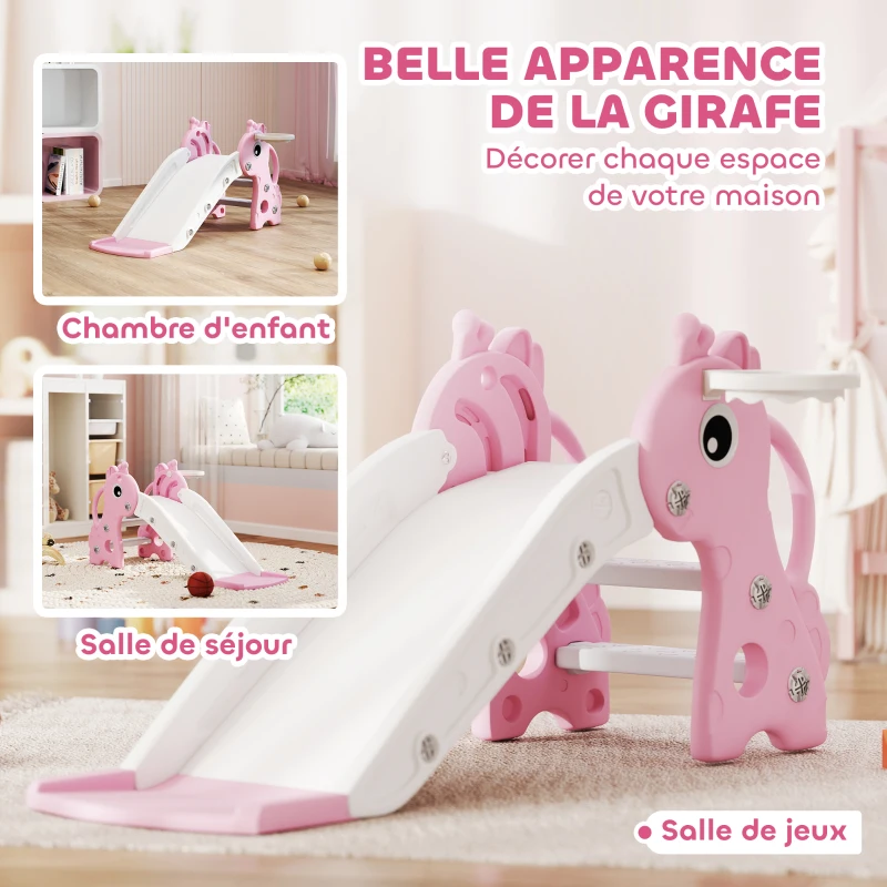 AIYAPLAY Toboggan pour enfants 3 en 1 en forme de girafe avec panier de basket, escalade et ballon, 106 x 51,5 x 52 cm, rose