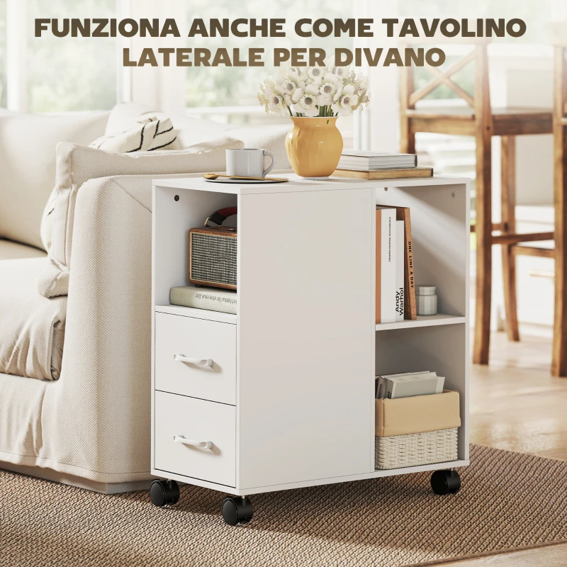 HOMCOM Tavolino con Ruote Minimal con 2 Cassetti, Vano Aperto e Ripiano Regolabile, in Legno, 60x30x65 cm, Bianco