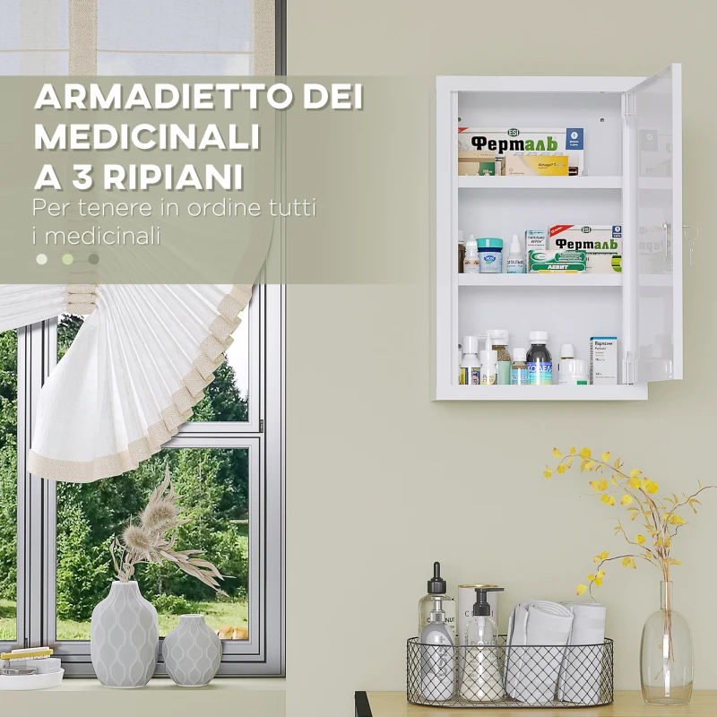 kleankin Armadietto Medicinali a 3 Ripiani con Serratura e 2 Chiavi, in Acciaio, 30x14x46 cm, Bianco
