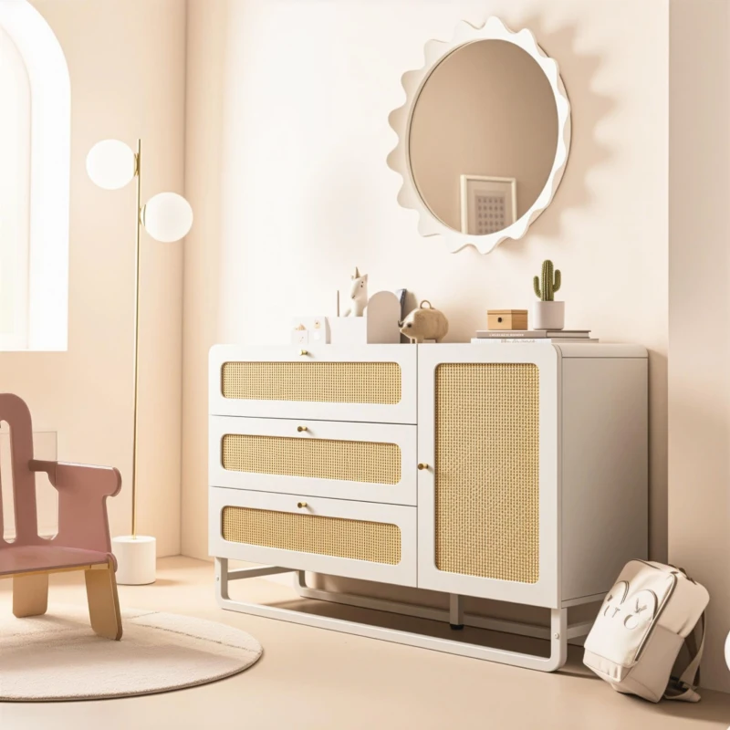 Cassettiera 3 cassetti in rattan dallo stile country con maniglie dorate e 1 anta, 120x40x85 cm, Bianco