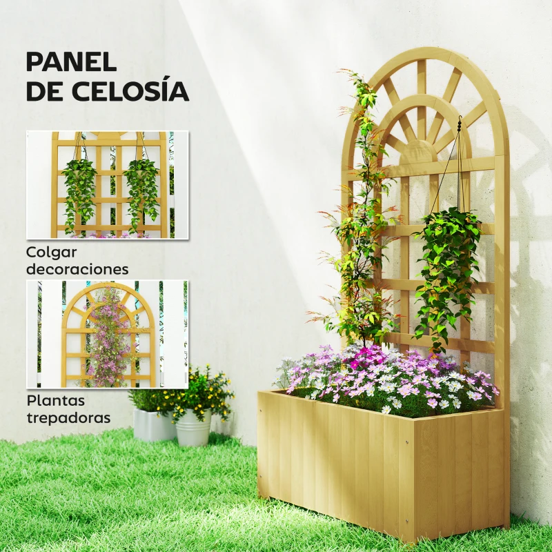 Outsunny Jardinera con Enrejado de Madera con Drenaje para Cultivos Verduras Flores Hierbas 60x30x120 cm Natural