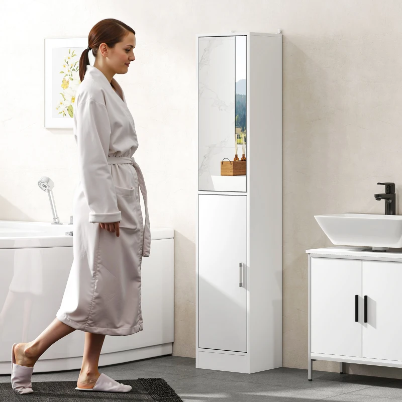 kleankin Tall Bathroom Cabinet with Mirror and Adjustable Shelf - White