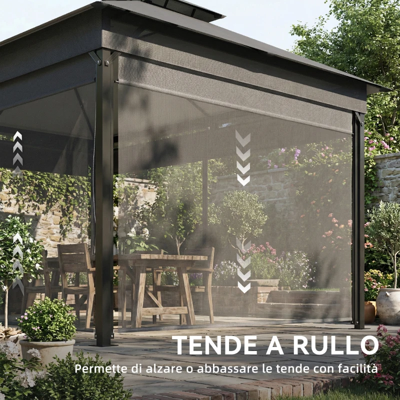 Outsunny Gazebo da Giardino 4x3 m con Tende Laterali, Doppio Tetto, Fori di Drenaggio, Grigio Scuro