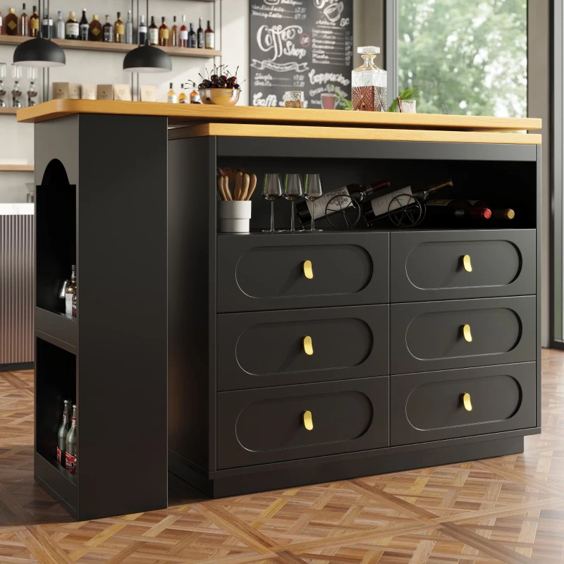 Mesa de bar extensible con 360°-función giratoria, 6 cajones y estante lateral para aperitivos, 137-203x39x90 cm, Negro