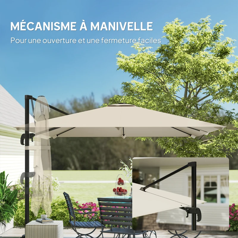Outsunny Parasol desplazado cuadrado 3 x 3 m, parasol de jardín exterior, rotación 360°, inclinable 5 posiciones, base cruzada, kaki