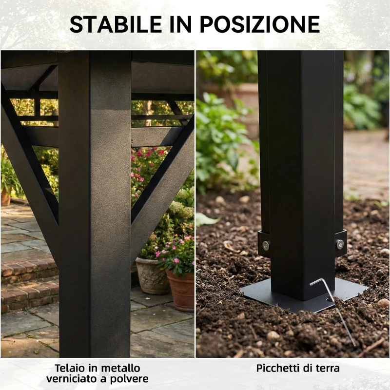 Outsunny Gazebo da Giardino 4x3 m con Tende Laterali, Doppio Tetto, Fori di Drenaggio, Grigio Scuro