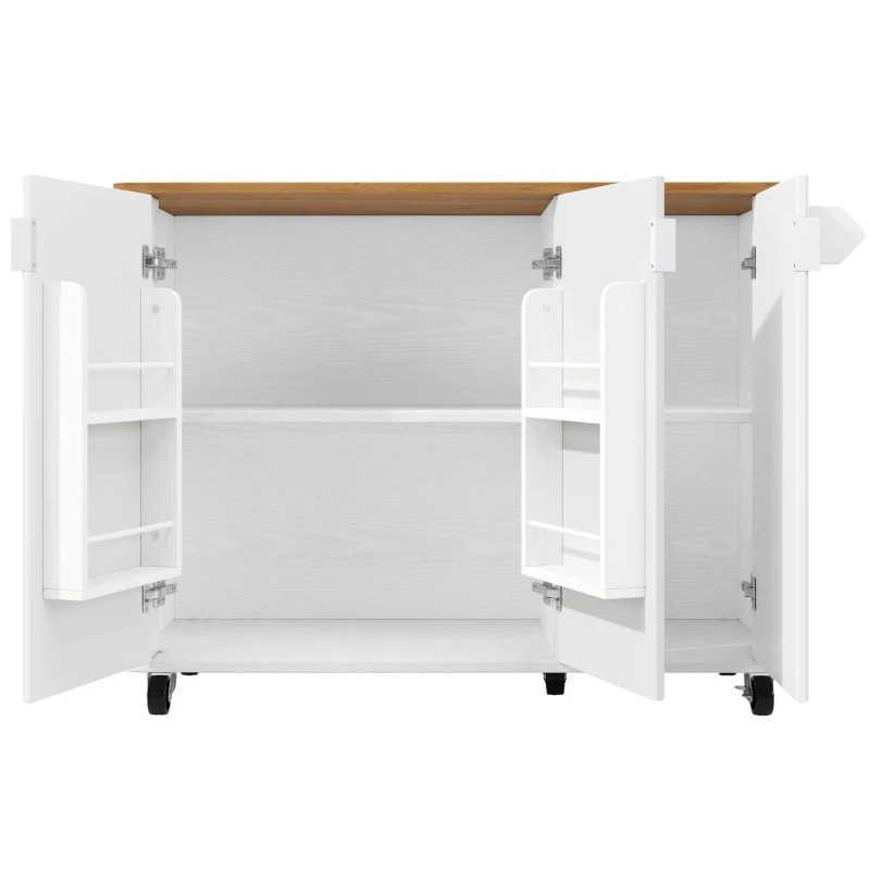 Isla de cocina móvil con encimera abatible, 3 puertas, toallero y estante para especias, 130x45/75x92 cm, Blanco
