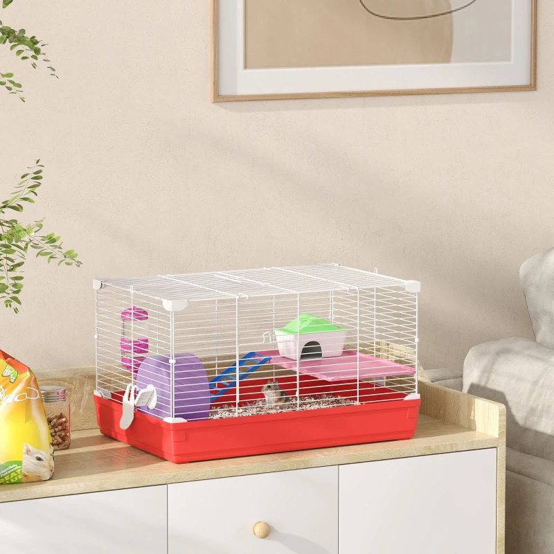 PawHut Cage hamster, cage rongeur à 2 niveaux, base amovible nettoyage facile, cabane, roue d'exercice, 47 x 30 x 27 cm, blanc