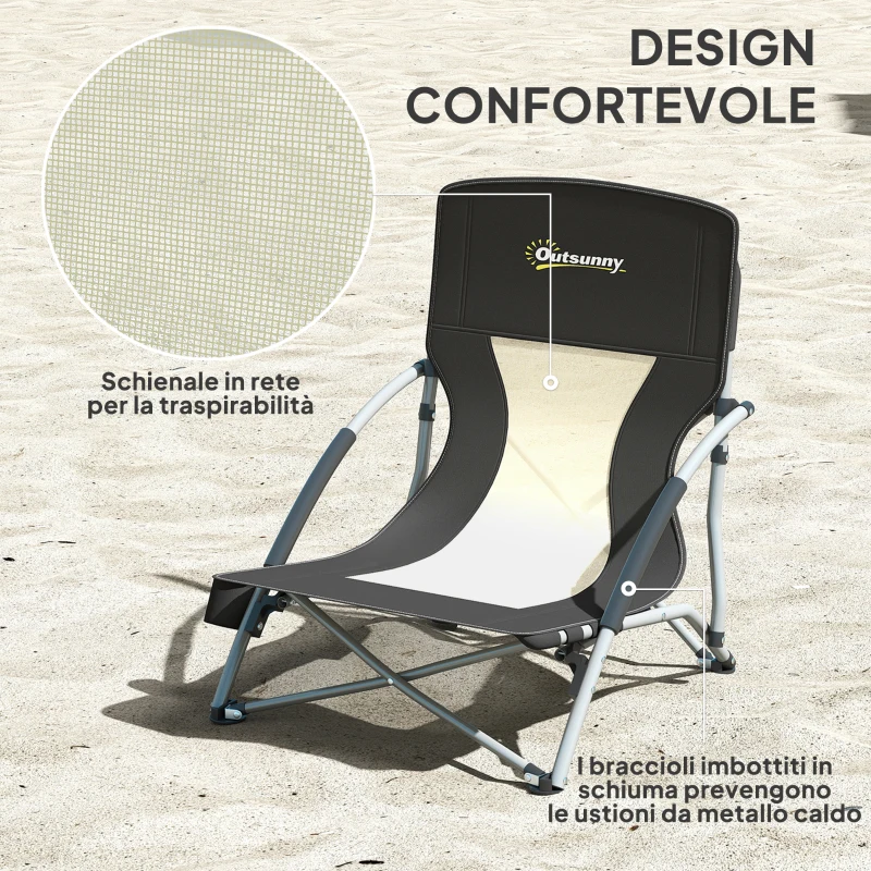 Outsunny Sedia da Spiaggia e Campeggio Pieghevole con Schienale a Rete, Nero