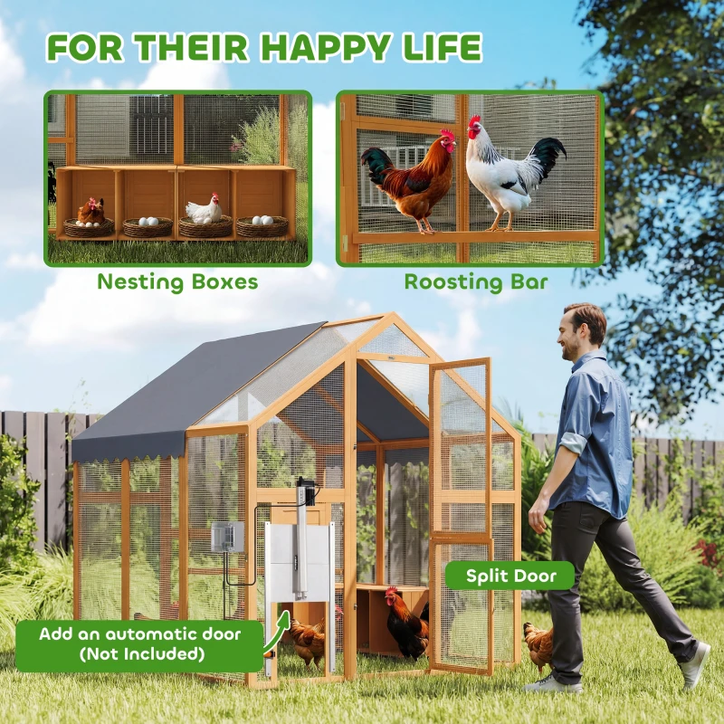 PawHut Kippenren 3,07 m² buitenren van hout met waterdichte doek, veiligheidsslot, voor 6-8 kippen 1,7 x 1,8 x 1,8 m