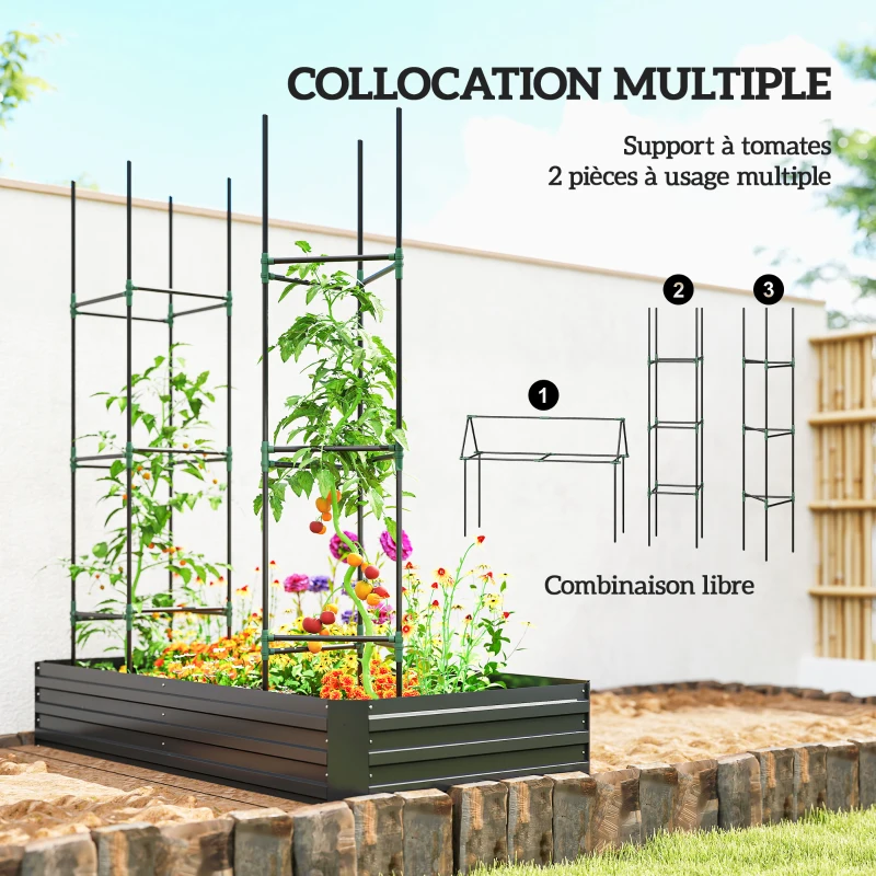 Outsunny Carré potager jardinière rectangulaire en acier galvanisé tuteurs pour tomates et plantes grimpantes 180 x 90 x 29,5 cm
