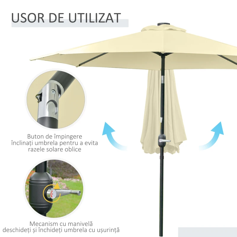 Outsunny Umbrelă de Grădină Inclinabilă Ø265 cm cu 32 Lumini LED Solare și Manivelă, Umbrelă de Exterior cu 8 Spițe, din Oțel, Poliester, pentru Terasă, Curte, Balcon, Bej