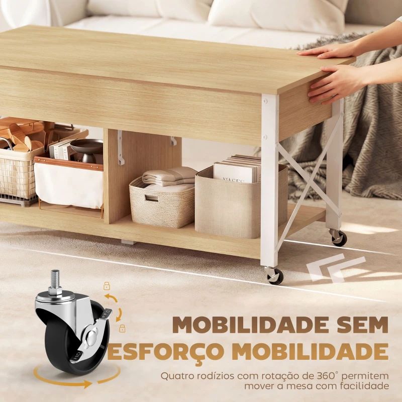 HOMCOM Mesa de Centro Elevatória com Rodas Compartimento Oculto e Prateleiras Abertas 105x50x67 cm Madeira e Branco