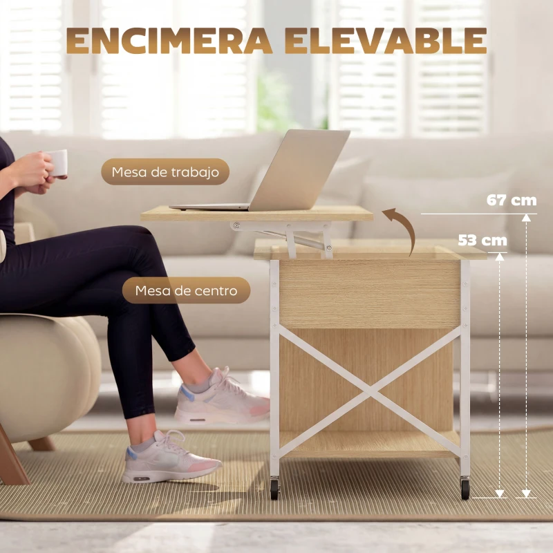 HOMCOM Mesa de Centro Elevable con Ruedas Mesa de Salón con Compartimento Oculto Estantes Abiertos Madera Natural y Blanco