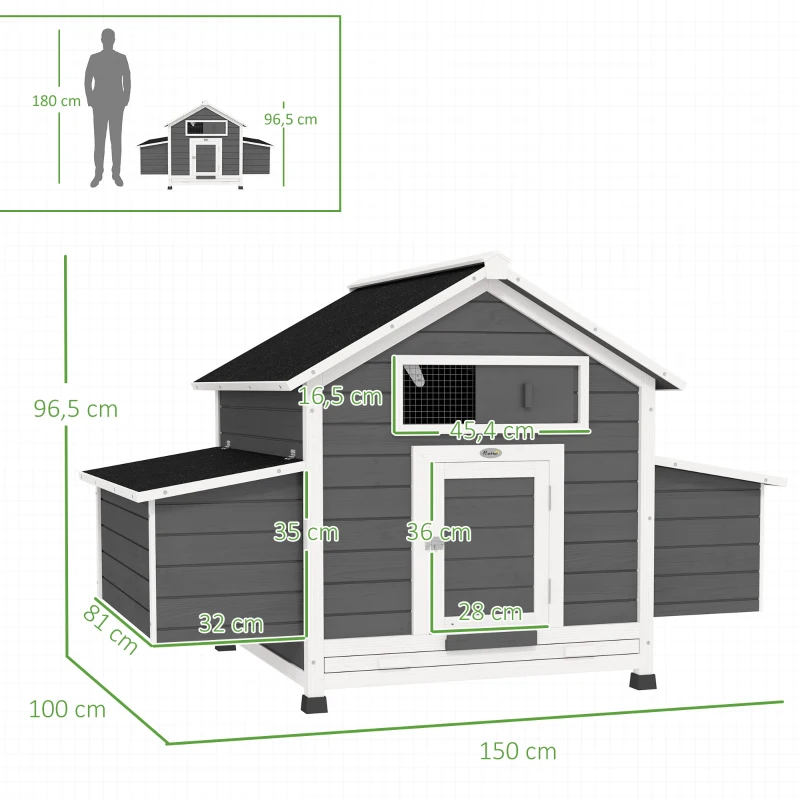 PawHut Poulailler en bois accueillant 4 poules, cage à poules avec pondoir, toit imperméable ouvrable, tiroir amovible, gris
