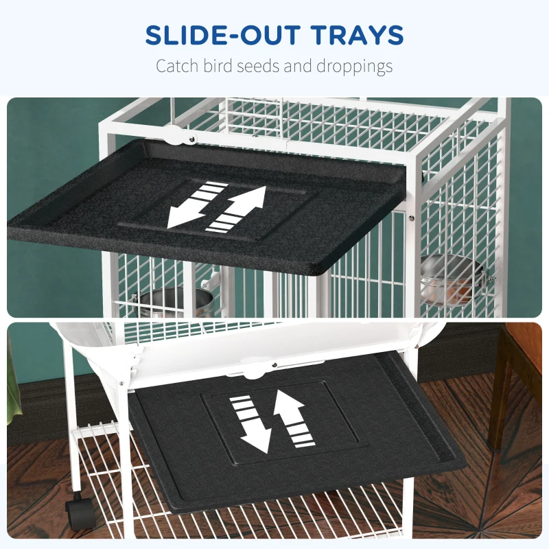 PawHut Klatka dla ptaków, klatka dla papug z 3 drzwiami, 2 żerdziami, kółkami 360°, miską na karmę, półką, wyjmowaną tacą, 62,5x62,5x156 cm, biały