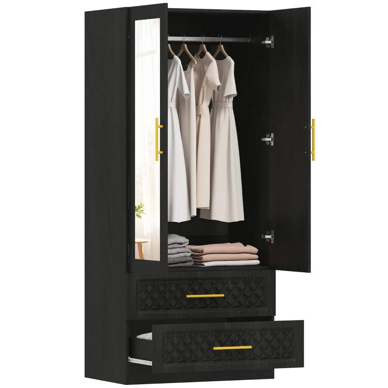 HOMCOM Armario Ropero con Espejo 2 Puertas y 2 Cajones Relieve de Diamante Barra para Colgar 80x50x180 cm Negro