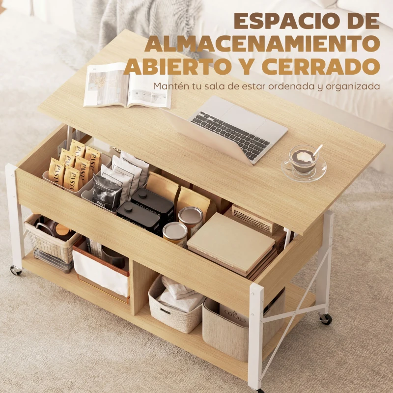 HOMCOM Mesa de Centro Elevable con Ruedas Mesa de Salón con Compartimento Oculto Estantes Abiertos Madera Natural y Blanco