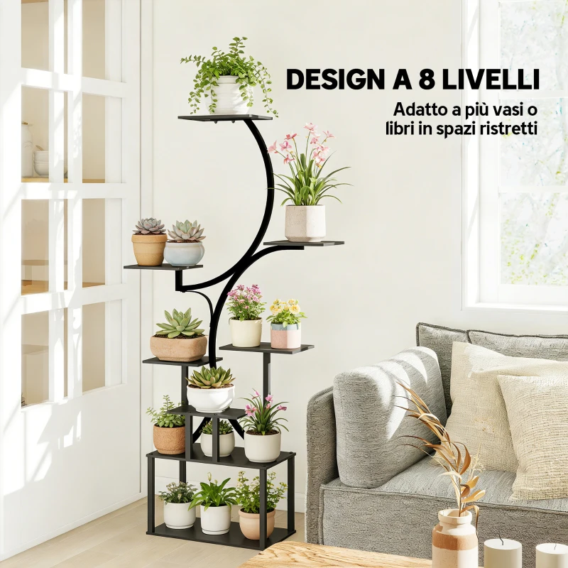 Outsunny Portapiante a 8 Livelli con Design a S per Interni ed Esterni, in Metallo, 74x26x158.5 cm, Nero
