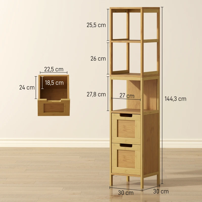 kleankin Coluna Casa de Banho com 3 Prateleiras e 2 Gavetas Armário Alto para Casa de banho Estilo Moderno 30x30x144,3 cm Madeira