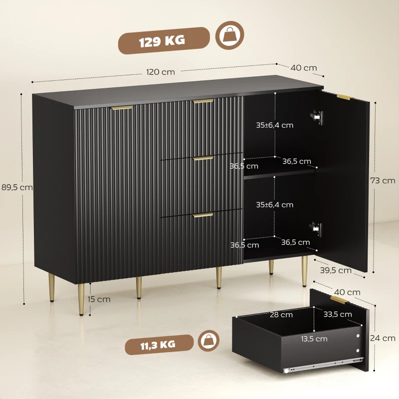 HOMCOM Buffet meuble cuisine rangement avec 3 tiroirs, étagères réglables, placards à portes cannelées, 120 x 40 x 90 cm, noir