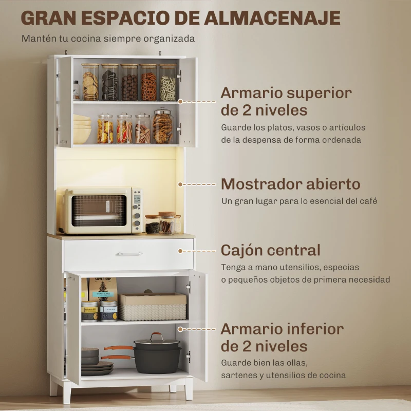 HOMCOM Alacena de Cocina con Luces LED Estación de Carga 4 Puertas Cajón Encimera Abierta 71x40x180 cm Blanco
