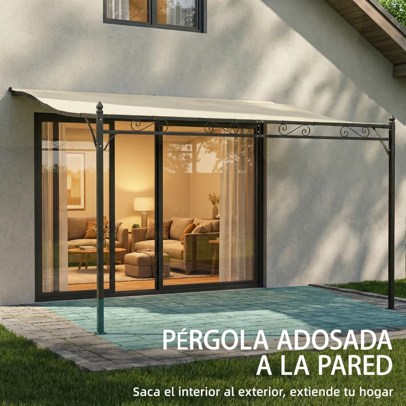 Outsunny Pérgola de Pared 2,5x3,5 m con Techo Inclinado Orificios de Drenaje y Estructura Metálica Blanco Crema