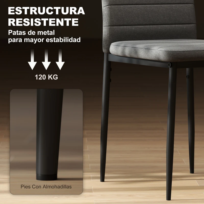 HOMCOM Pack de 6 Sillas de Comedor Modernas Tapizadas en Lino Sintético con Respaldo Alto y Patas de Metal 41x50x97 cm Gris