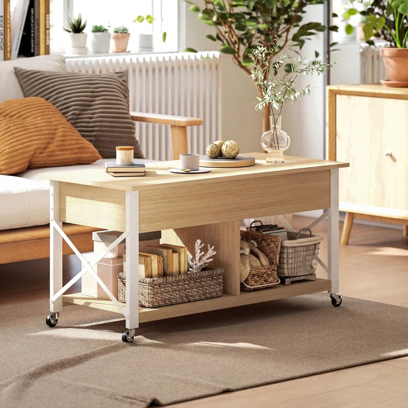 HOMCOM Mesa de Centro Elevatória com Rodas Compartimento Oculto e Prateleiras Abertas 105x50x67 cm Madeira e Branco