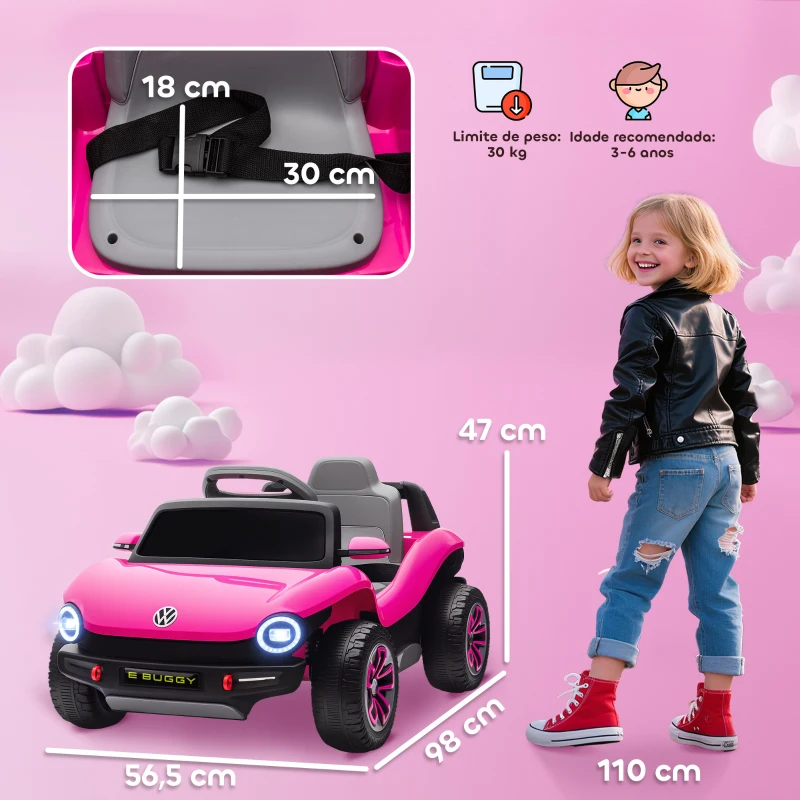 AIYAPLAY Carro Elétrico para Crianças Volkswagen E-Buggy Bateria 12V com Controlo Remoto 2,4 G Faróis LED Música USB 98x56,5x47 cm Rosa