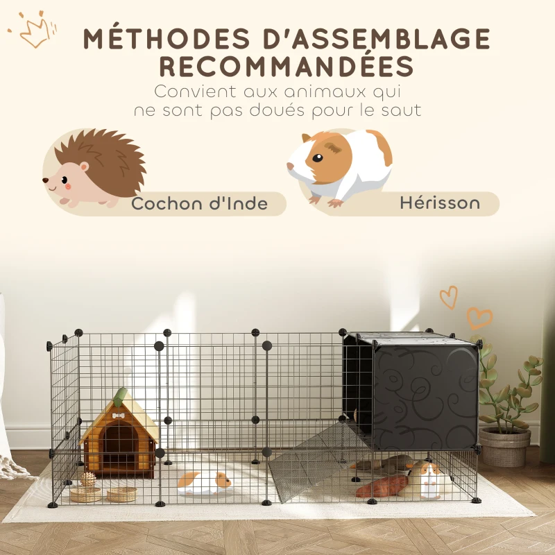 PawHut Enclos pour petits animaux, cage à lapin modulable 31 panneaux avec niches surélevées, en acier, 140x70x52cm, noir