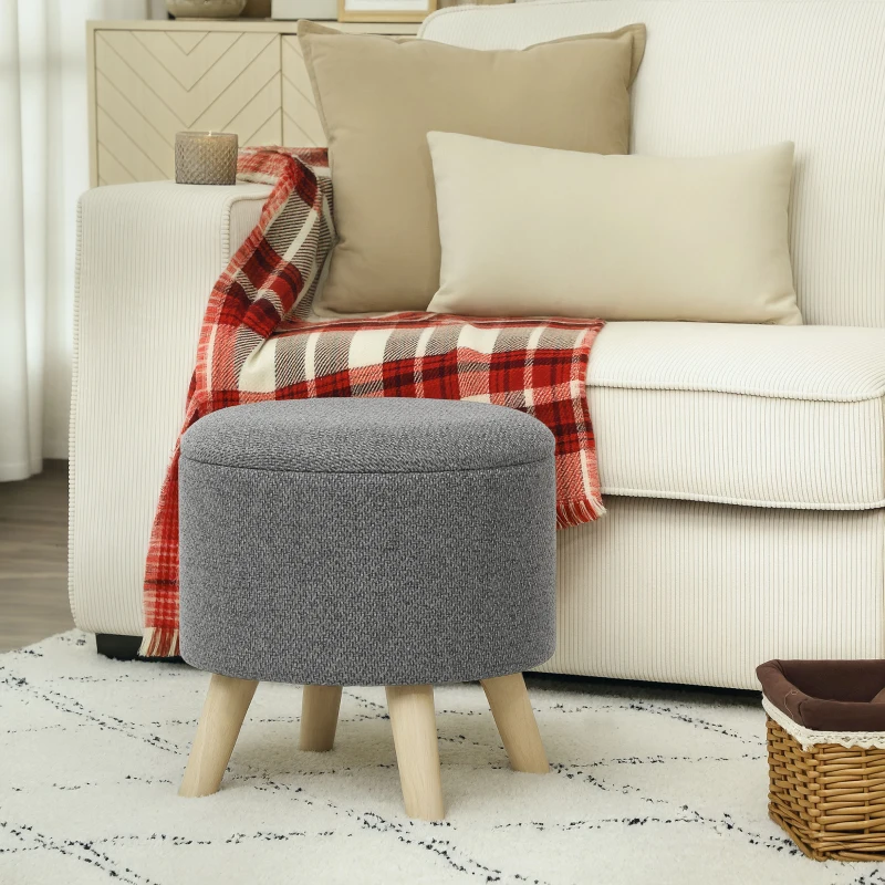 HOMCOM Pouf rond repose-pieds tabouret avec coffre de rangement pieds en bois design moderne gris