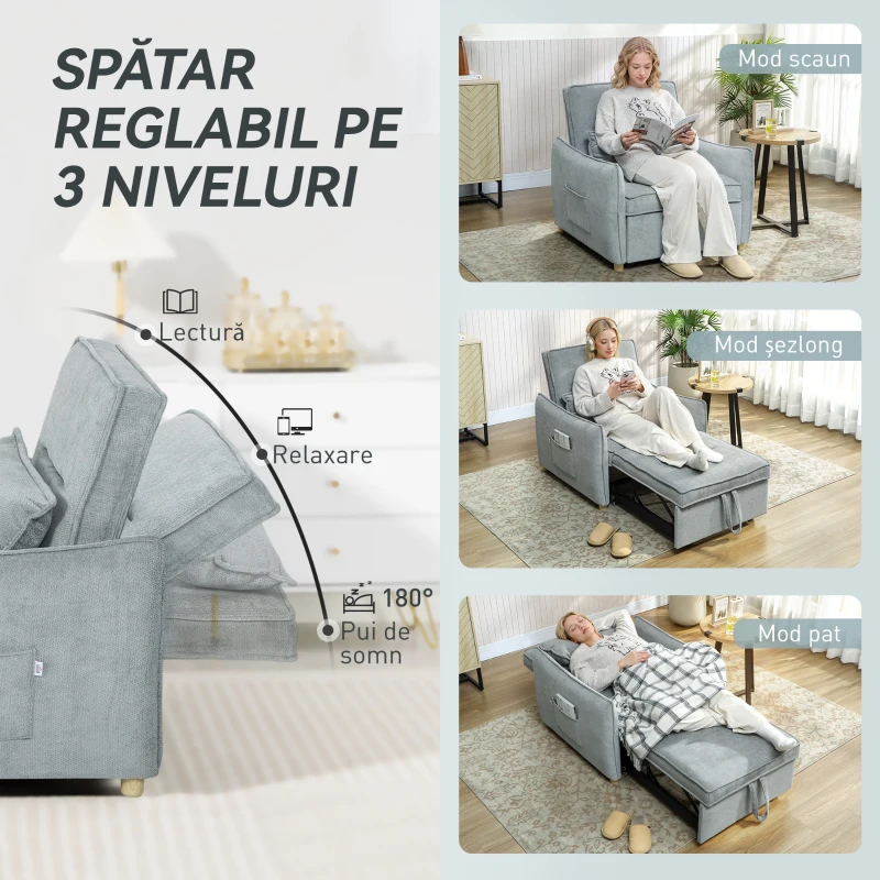 HOMCOM Fotoliu Extensibil 3 în 1 Pliabil, Spătar Reglabil pe 3 Poziții, Șezut Spațios, Pernă Detasabilă, Canapea Pat Transformabilă cu Roți, Buzunare Laterale, 88x84x87cm, Gri