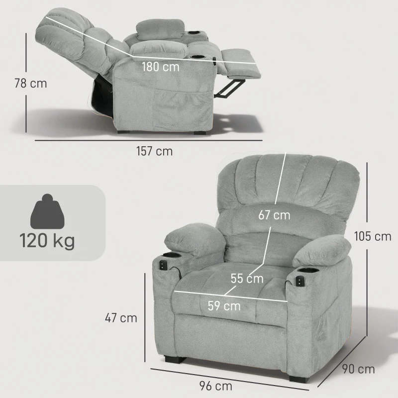 HOMCOM Sillón Relax Reclinable Eléctrico Silencioso con Función Memoria Reposapiés Mando a Distancia Bolsillo Lateral Gris
