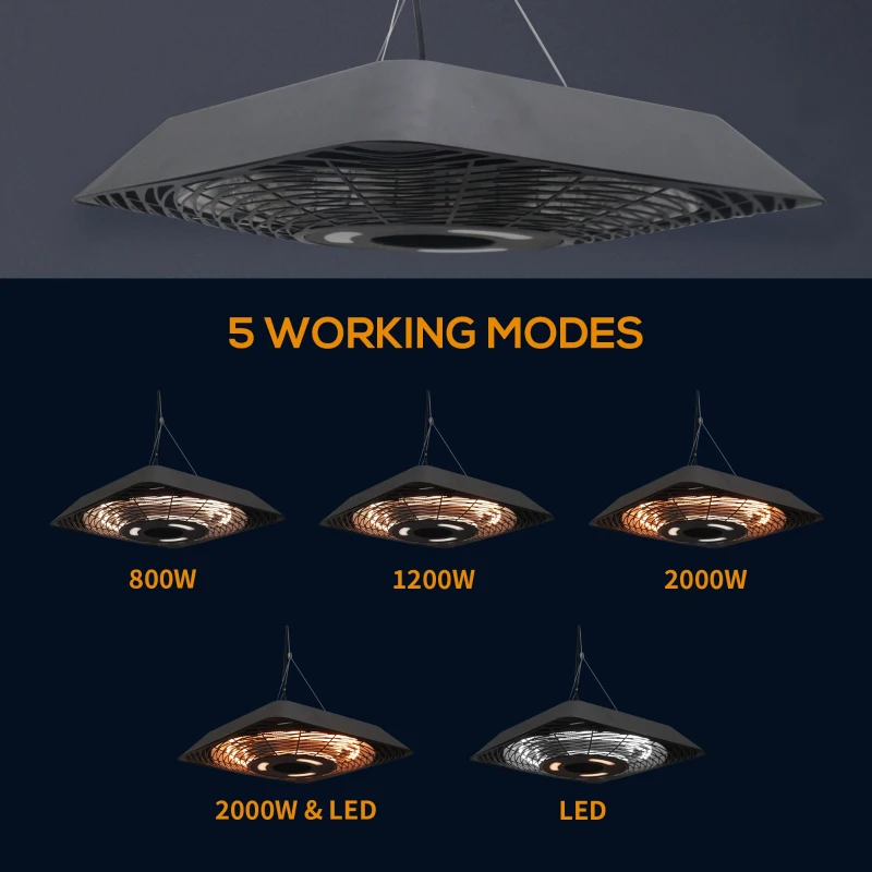 Outsunny 2000W Electric Hanging Patio Heater Ceiling Mounted Halogen Heating Indoor Outdoor with Remote Control Aluminium