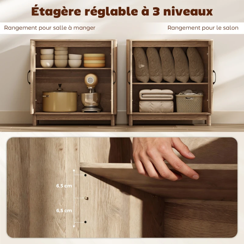 HOMCOM Buffet salon, meuble de rangement avec 2 portes en rotin, étagère réglable et bords arrondis, 76 x 35 x 75,5 cm, chêne