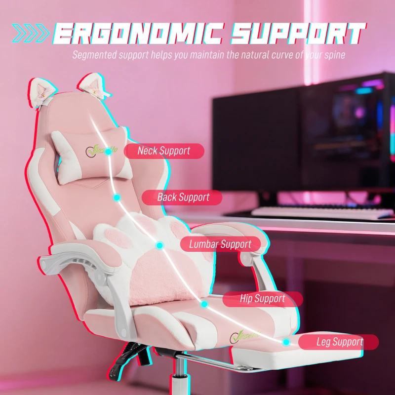 Vinsetto Sedia Gaming Poltrona Gaming Ergonomica Reclinabile Poggiapiedi Rosa