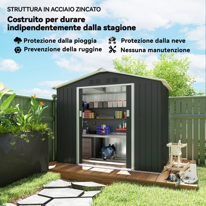 Outsunny Casetta da Giardino in Metallo con Prese d'Aria e Doppia Porta Scorrevole, 277x195x192 cm, Grigio Scuro