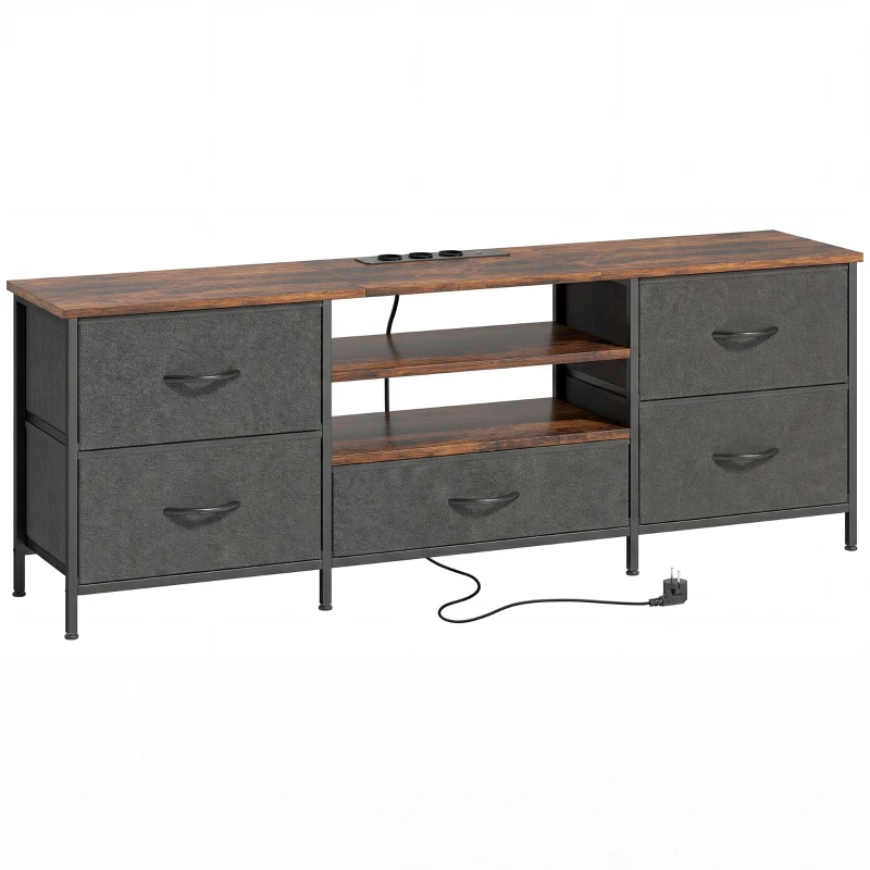 HOMCOM Meuble TV 140 cm, meuble télé 65 pouces, station de charge, 5 tiroirs en tissu, étagères ouvertes, 140x30x50cm, marron