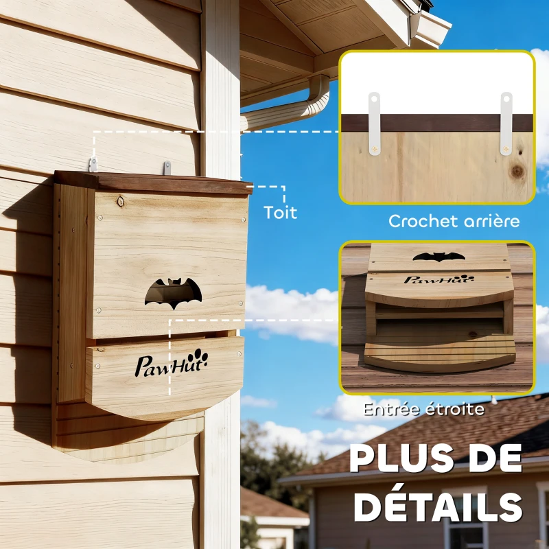 PawHut Lot de 3 Nichoirs Chauve Souris en Bois abri à chauves-souris avec Plateforme Rainurée 23 x 9,5 x 36,5 cm bois naturel