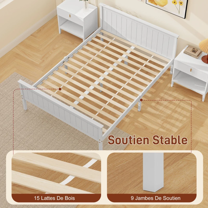 HOMCOM Cadre de lit 140 x 200 cm, lit simple en bois massif avec sommier à lattes tête et pied inclus, assemblage facile, blanc