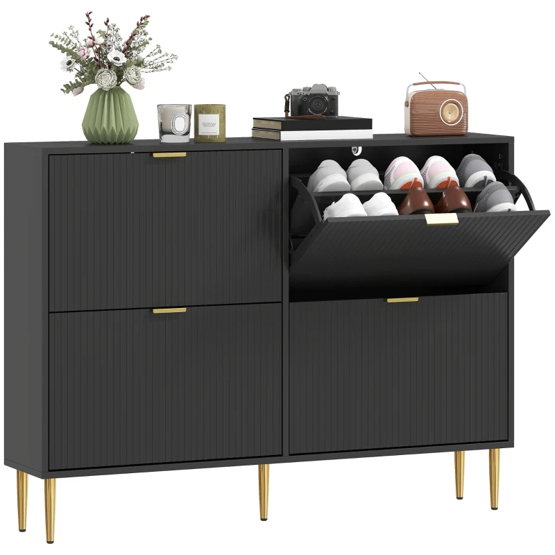 HOMCOM Schuhschrank für 20 Paar mit 4 klappbaren Schubladen, gerillten Türen und verstellbaren Einlegeböden, 105x24x91,5cm, schwarz